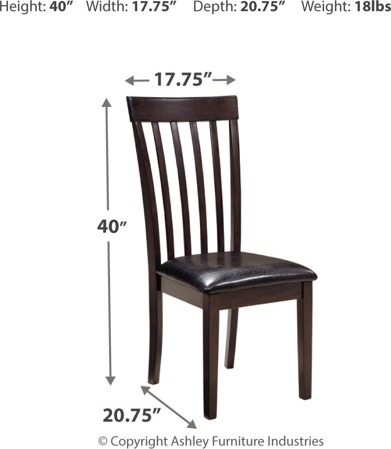 Dark brown slat-back dining chair with black padded seat; height and width shown