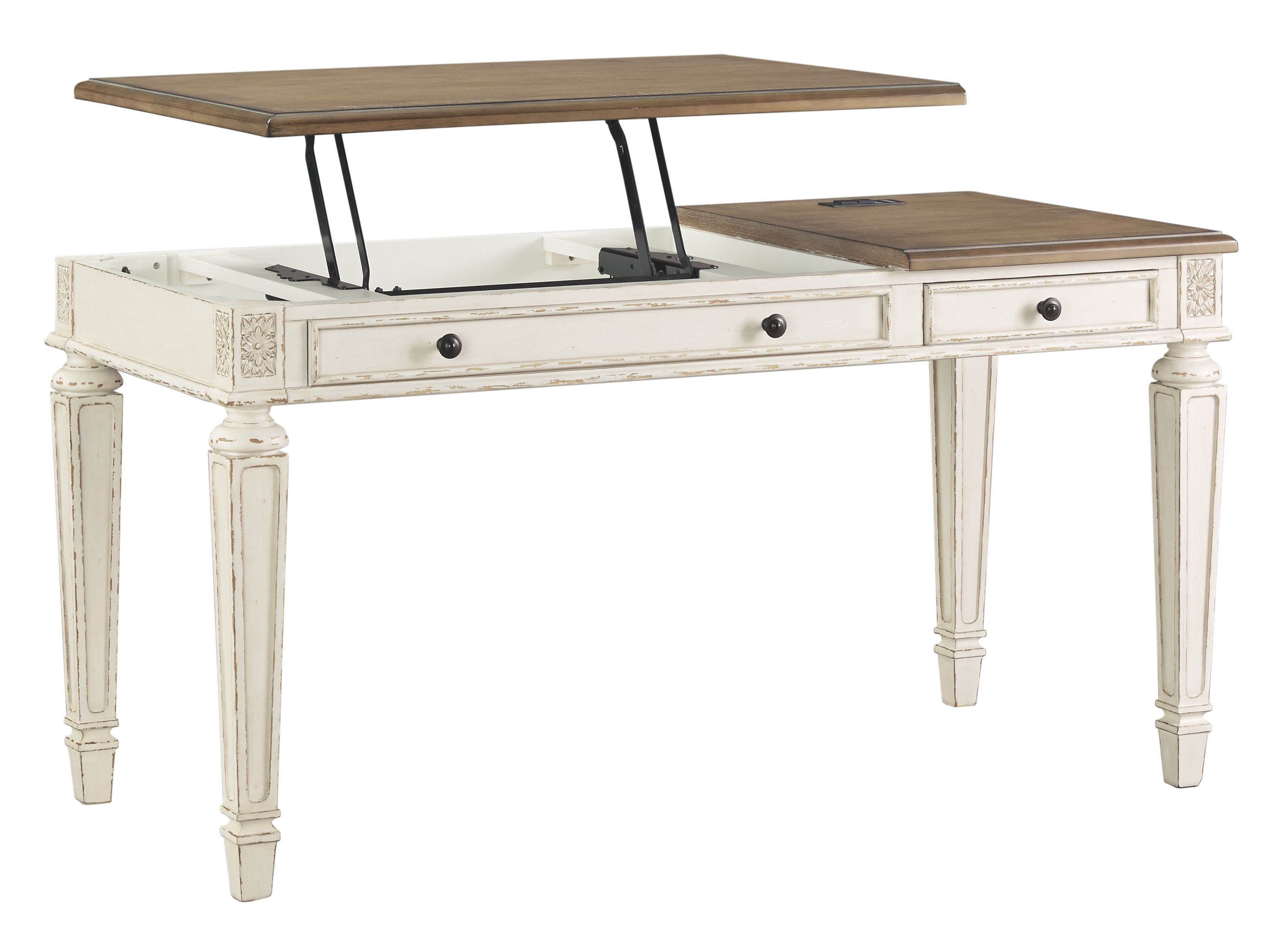 Lift-top desk with white base, brown top, and open lift mechanism