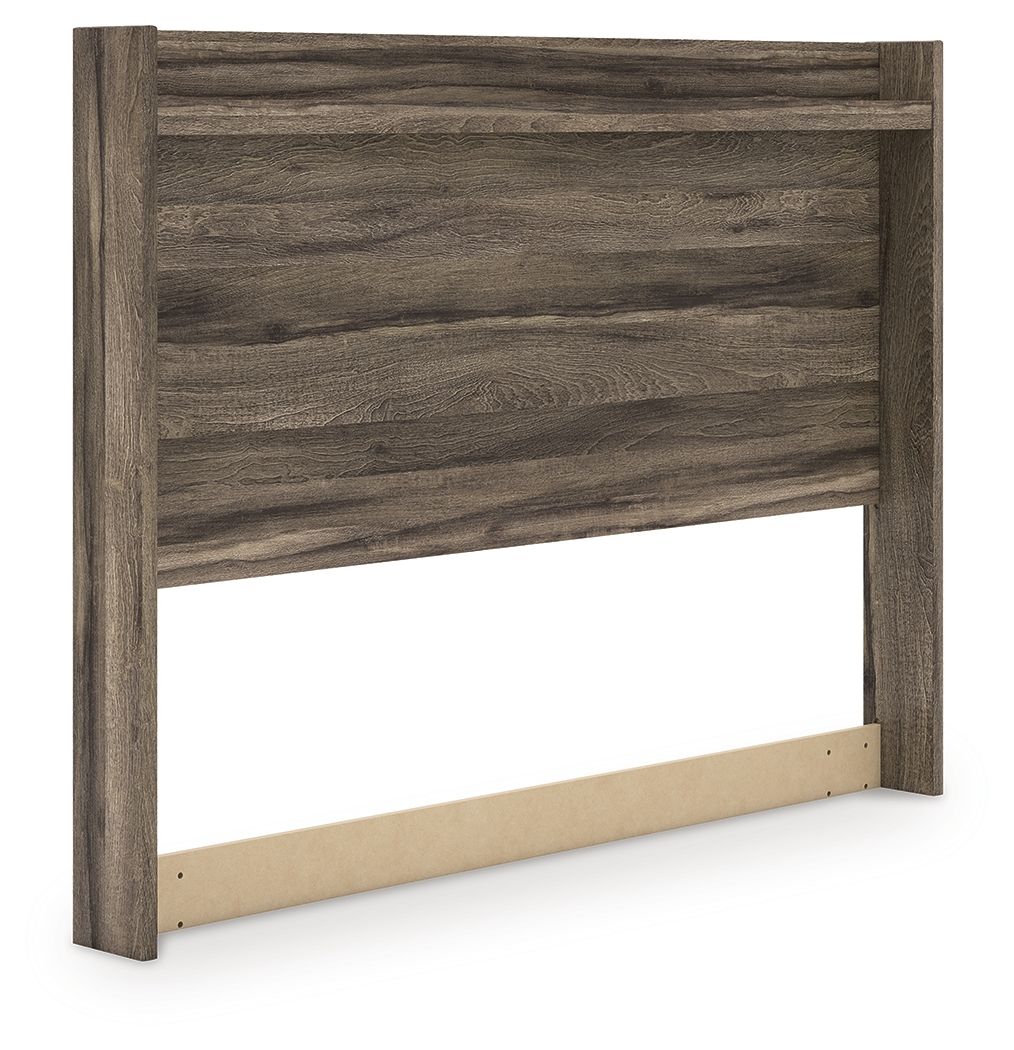Dark brown panel headboard with horizontal wood slats and raised frame edges