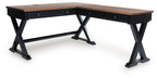 Brown home office desk with black frame and two side drawers