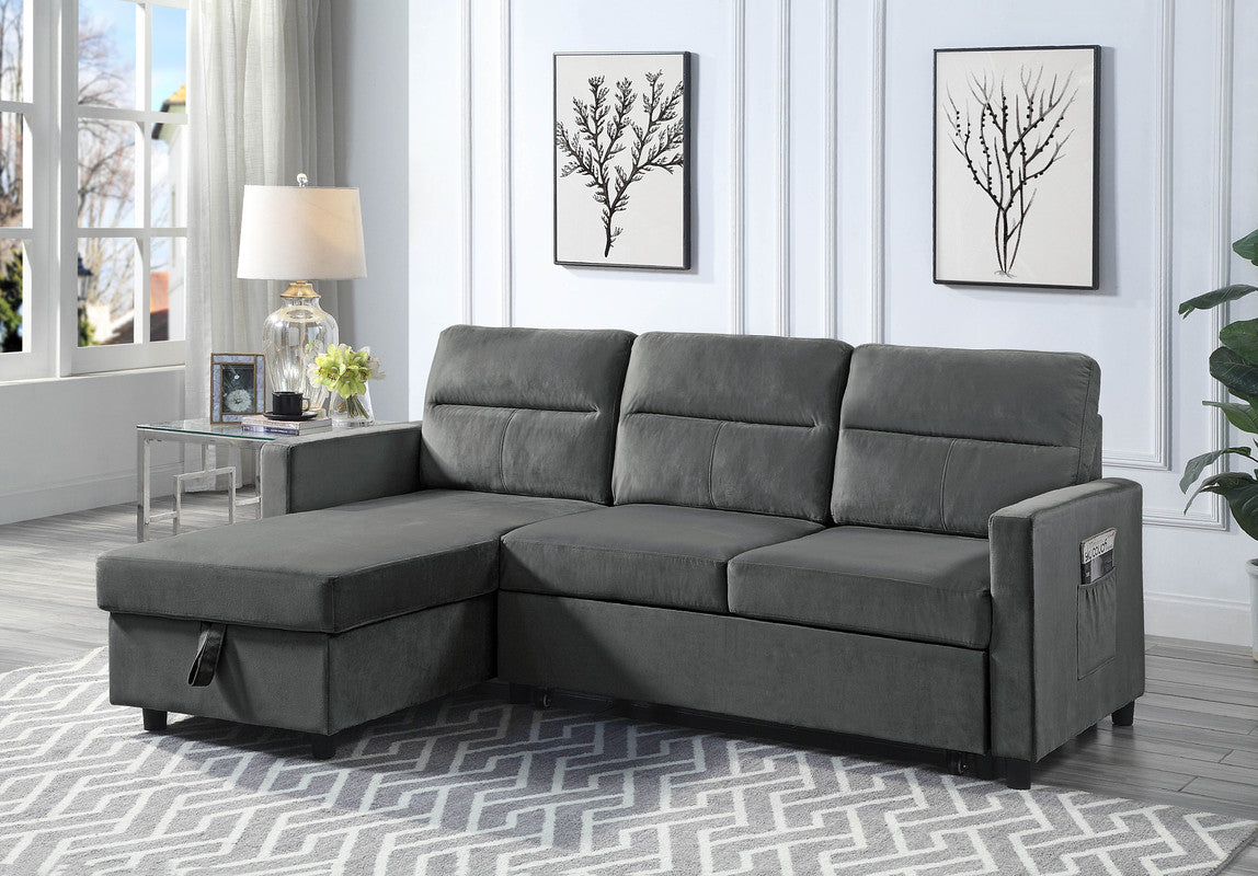 Dark Gray Velvet Reversible Sleeper Sectional with Storage