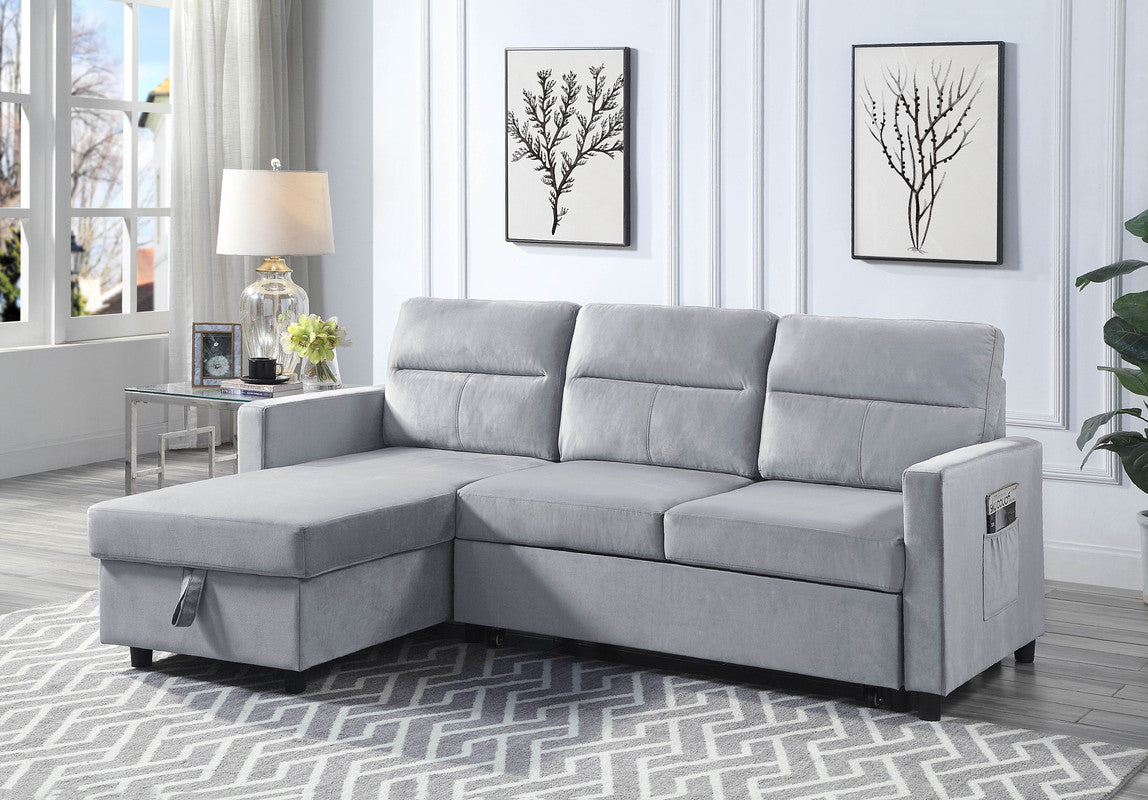 Light Gray Velvet Reversible Sleeper Sectional Sofa Storage