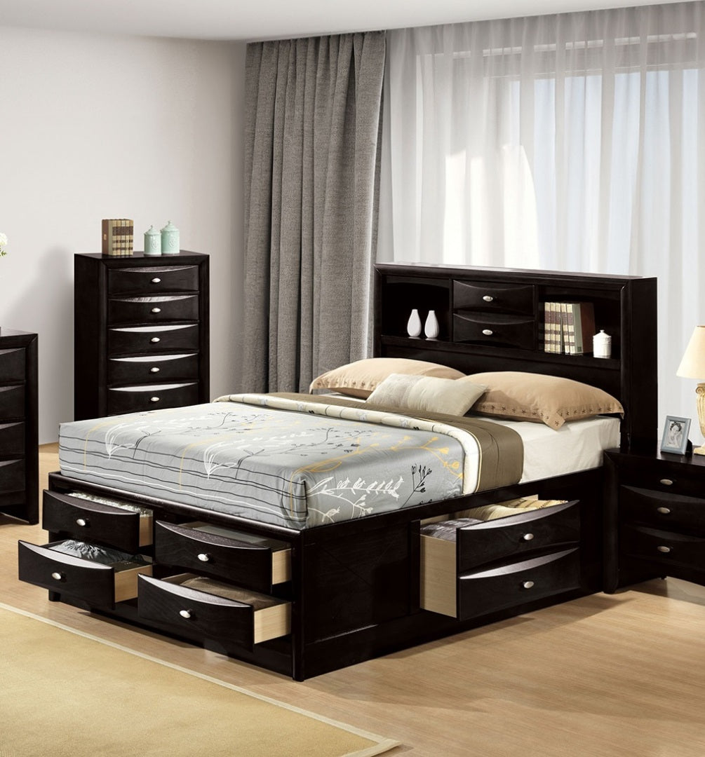 Black Contemporary Full Bed with Footboard Drawers & Bookcase Headboard