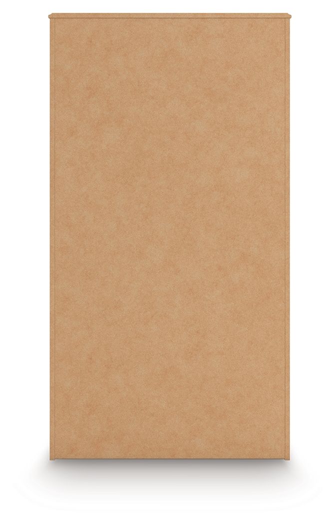 Warm brown wooden back panel of a five-drawer chest