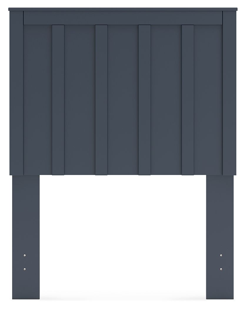 Blue panel headboard front view with vertical panels and side legs
