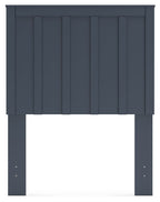 Blue panel headboard front view with vertical panels and side legs