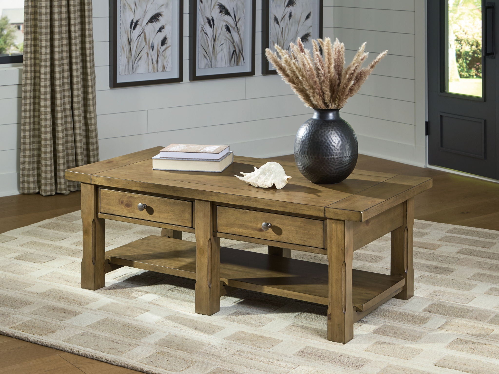 Rectangular medium-brown cocktail table with two drawers and open lower shelf