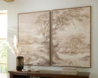 Two framed tree-and-landscape wall art prints in beige and brown tones