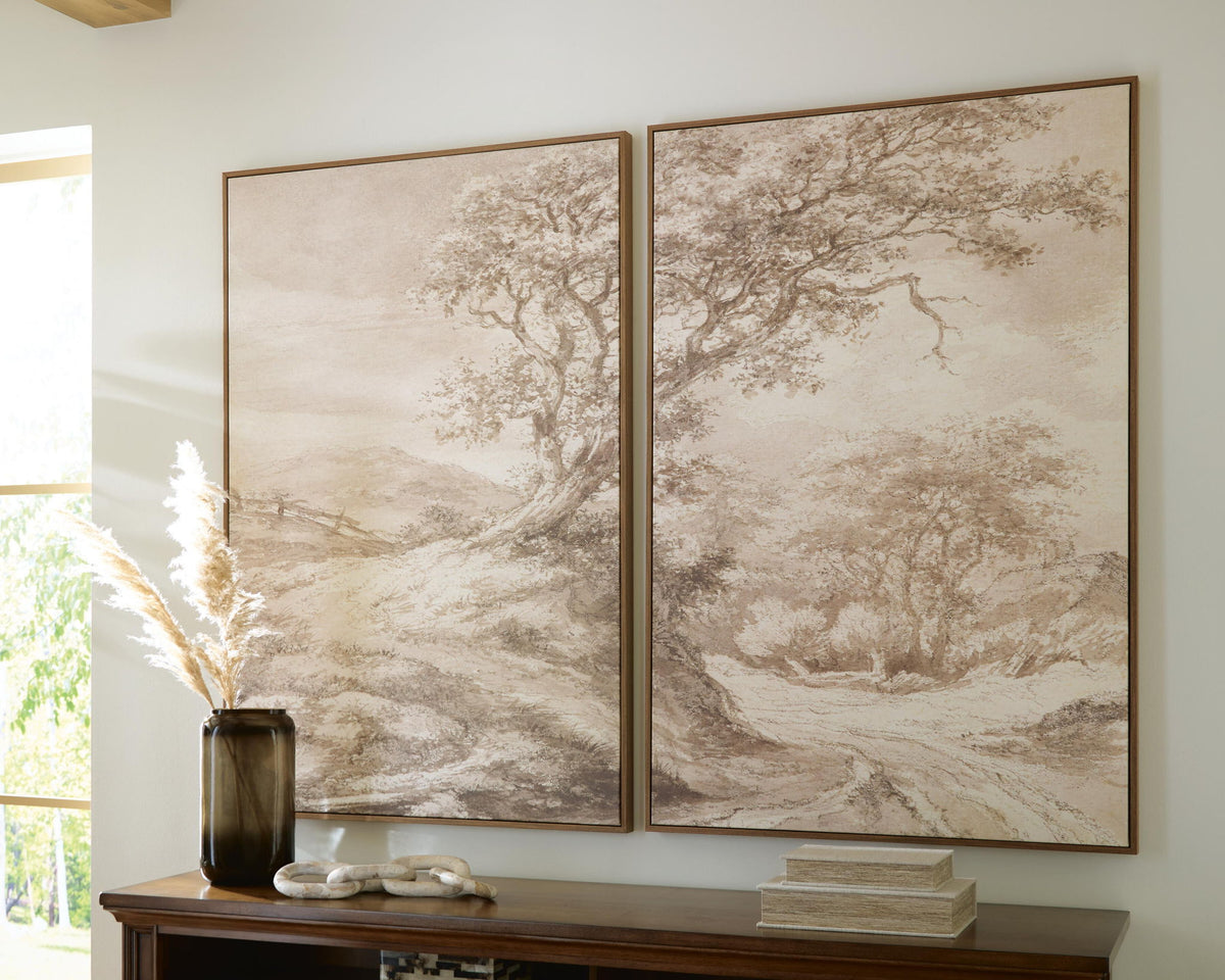 Two framed tree-and-landscape wall art prints in beige and brown tones