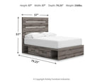 Dark gray panel bed with storage drawers and slatted headboard