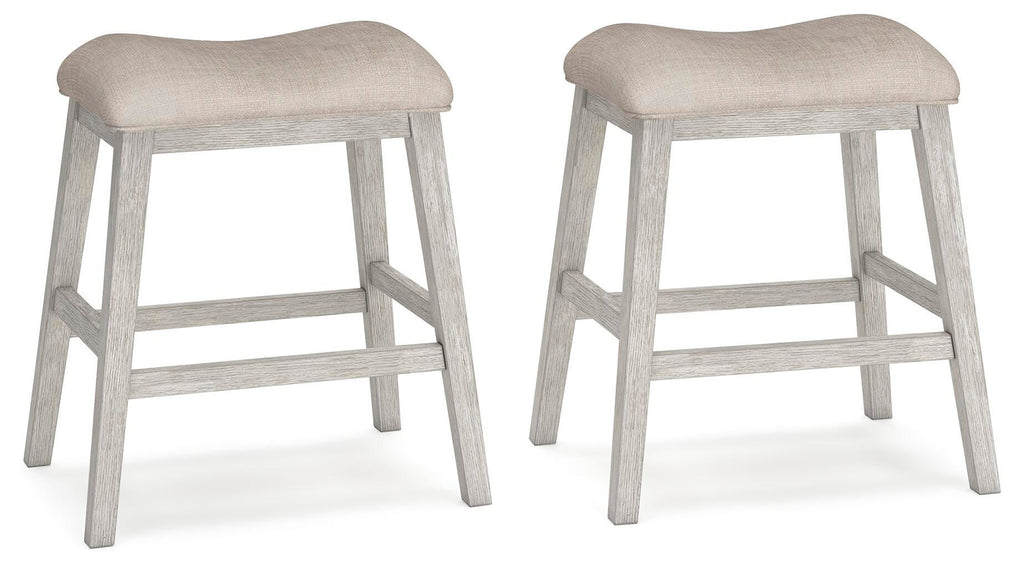 Set of 2 upholstered vanity stools, light beige fabric seats, light gray wooden legs