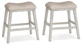 Set of 2 upholstered vanity stools, light beige fabric seats, light gray wooden legs