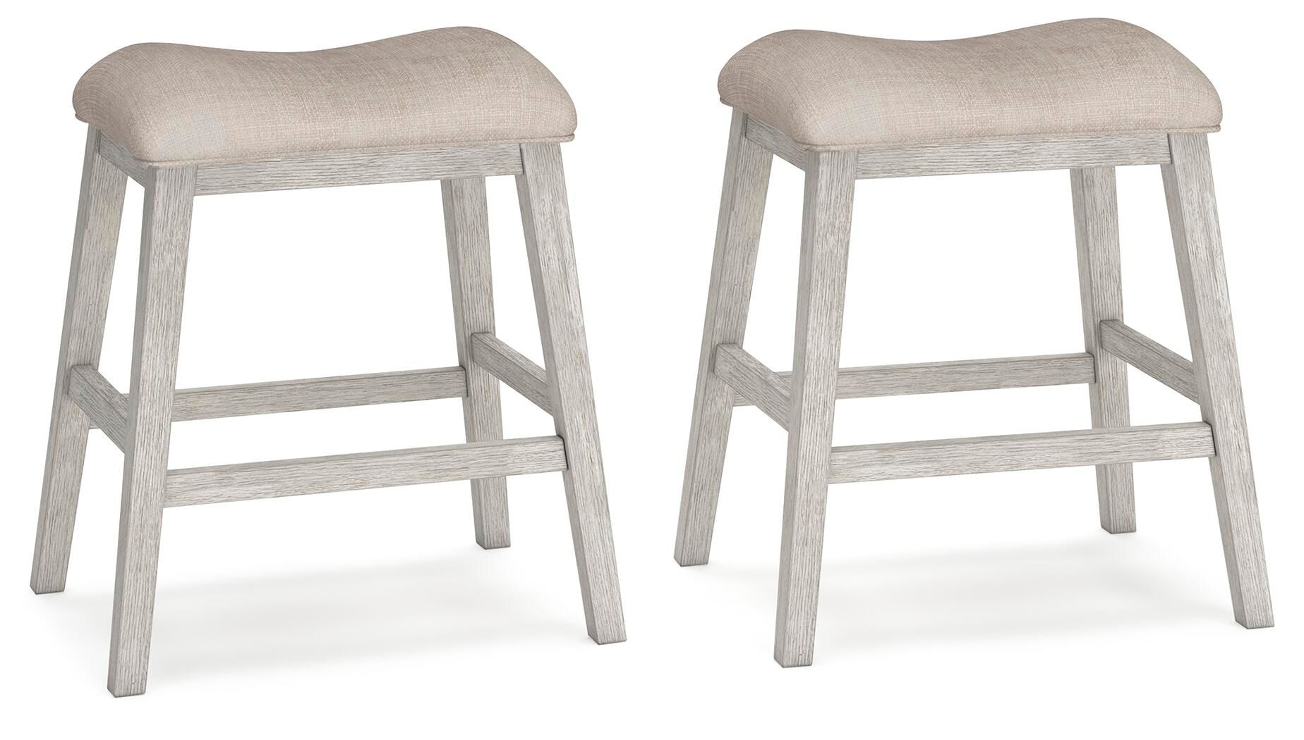 Set of 2 upholstered vanity stools, light beige fabric seats, light gray wooden legs