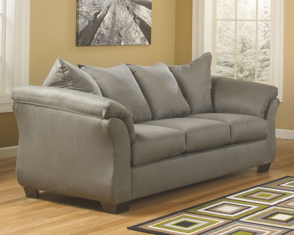 Cobblestone gray sofa with three seat cushions, square base, and rolled arms