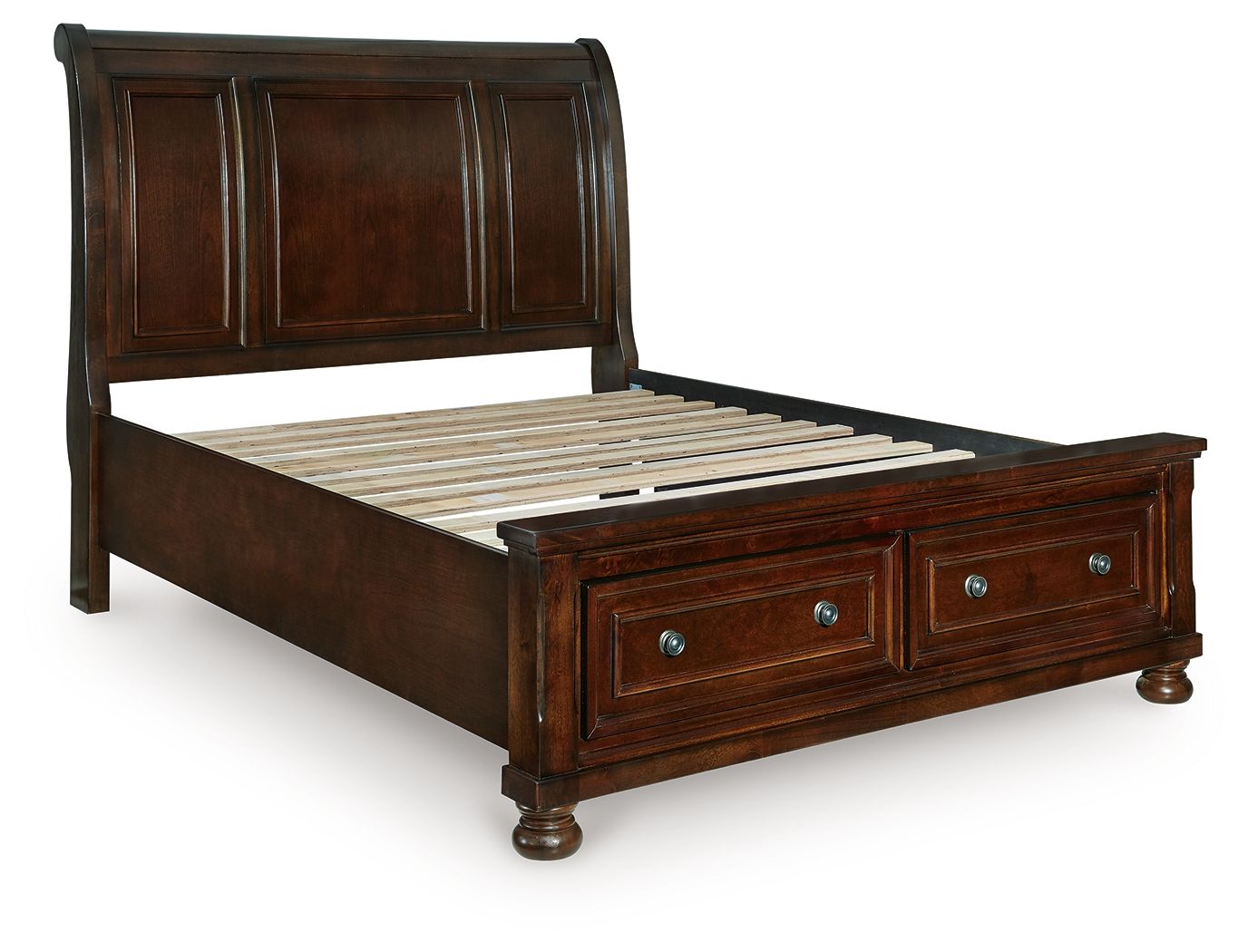 Dark brown sleigh storage bed with slat base and two drawer fronts