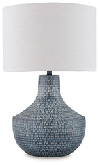 Table lamp with fabric drum shade and textured metal base, antique gray pattern