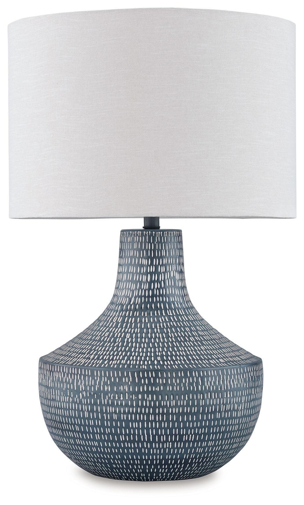Table lamp with fabric drum shade and textured metal base, antique gray pattern