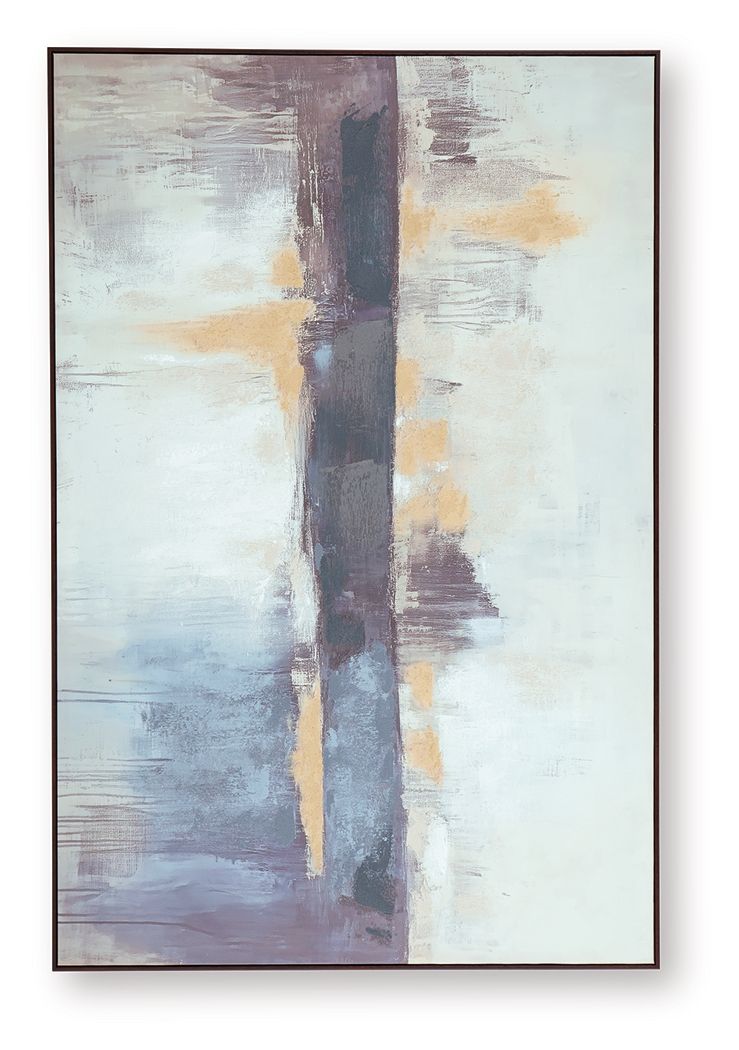 Framed abstract wall art with a vertical dark stripe over white and light blue areas.