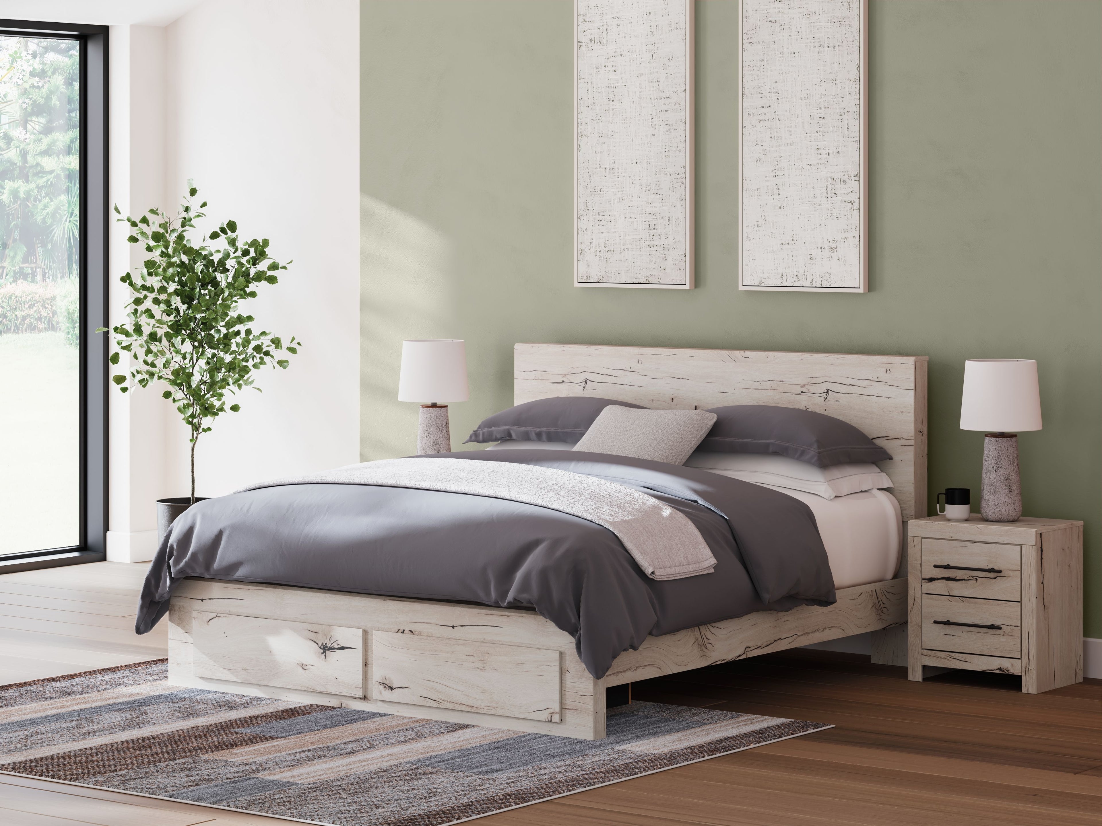 Light wood panel bed with storage drawers, gray duvet and pillows