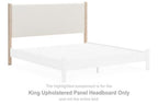 King upholstered panel headboard with light fabric and darker side frame