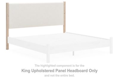 King upholstered panel headboard with light fabric and darker side frame