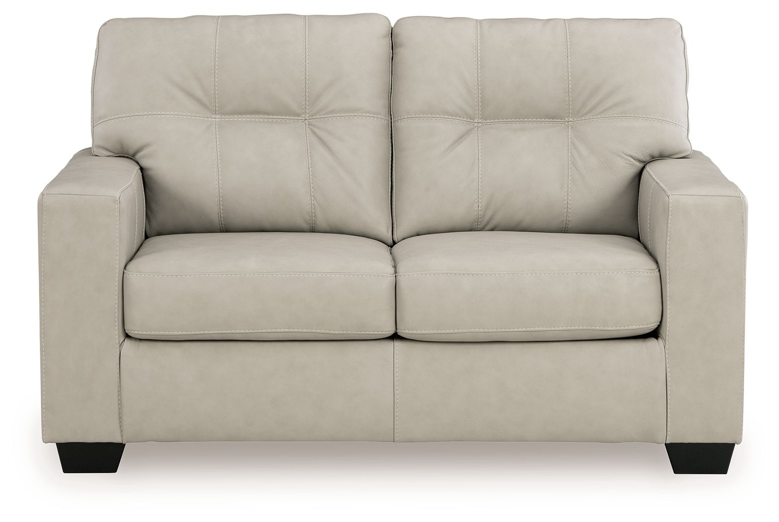 Light beige leather-look loveseat with tufted back and two padded seat cushions, square legs