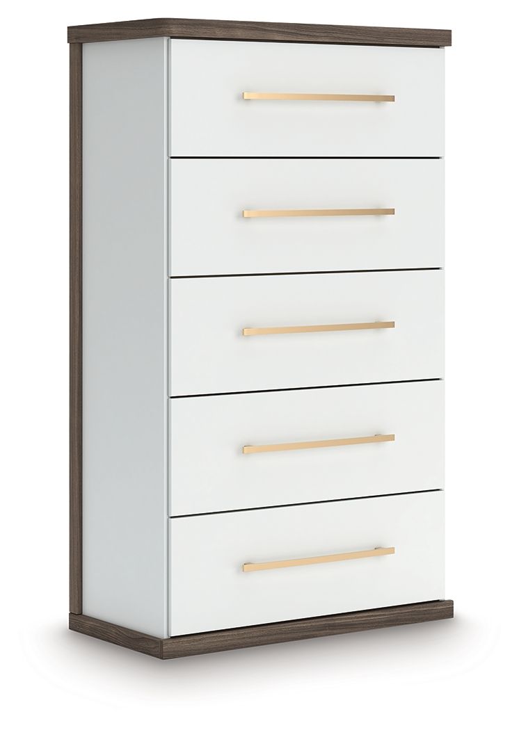 Brown and white five-drawer chest with five front drawers and wood bar handles