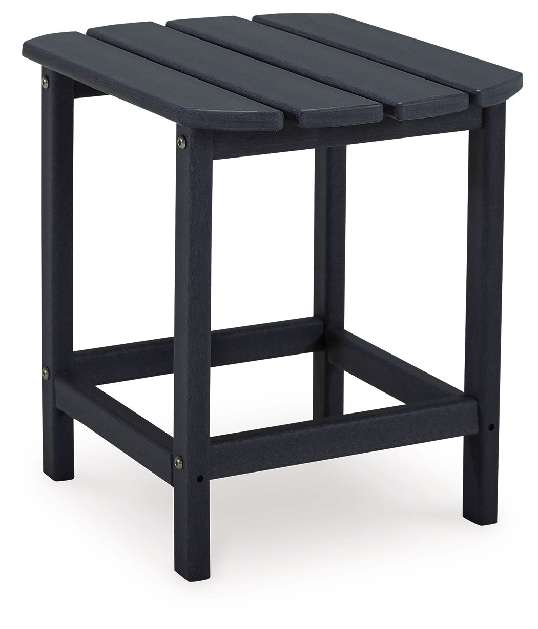 Black outdoor end table with slatted top and open lower shelf, sturdy legs
