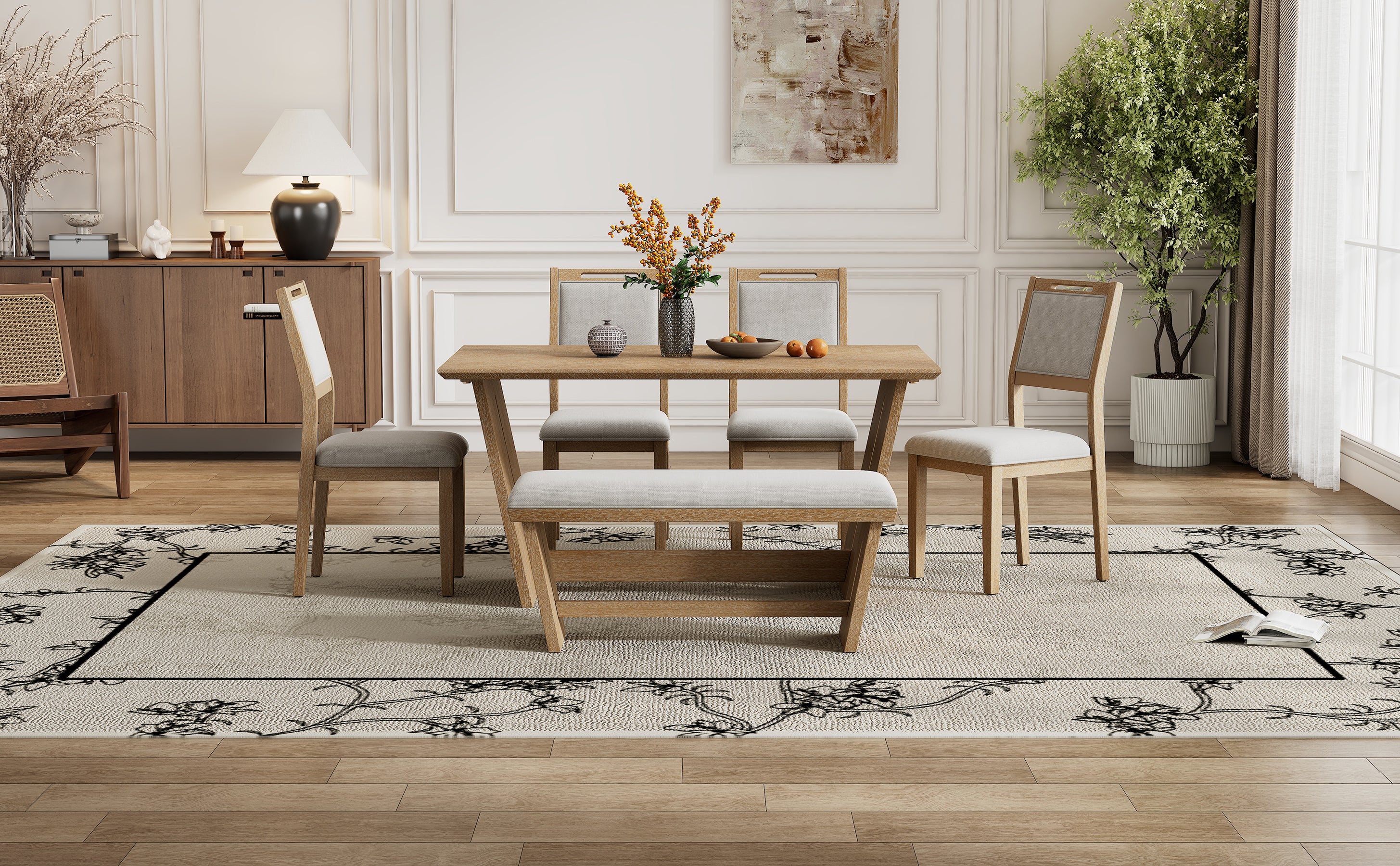 6-Pc Retro Dining Set w/ Bench - Natural Wood