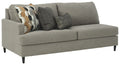 Dark gray fabric sofa with two seat cushions and decorative throw pillows