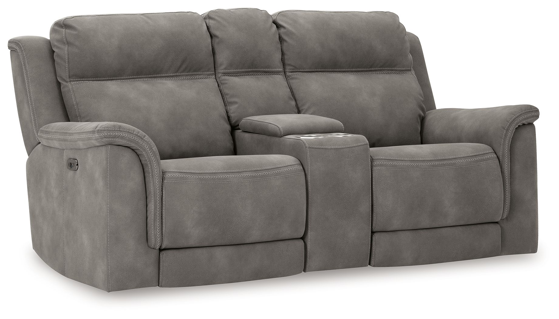 Dark gray reclining loveseat with padded arms, tufted back, and power recline