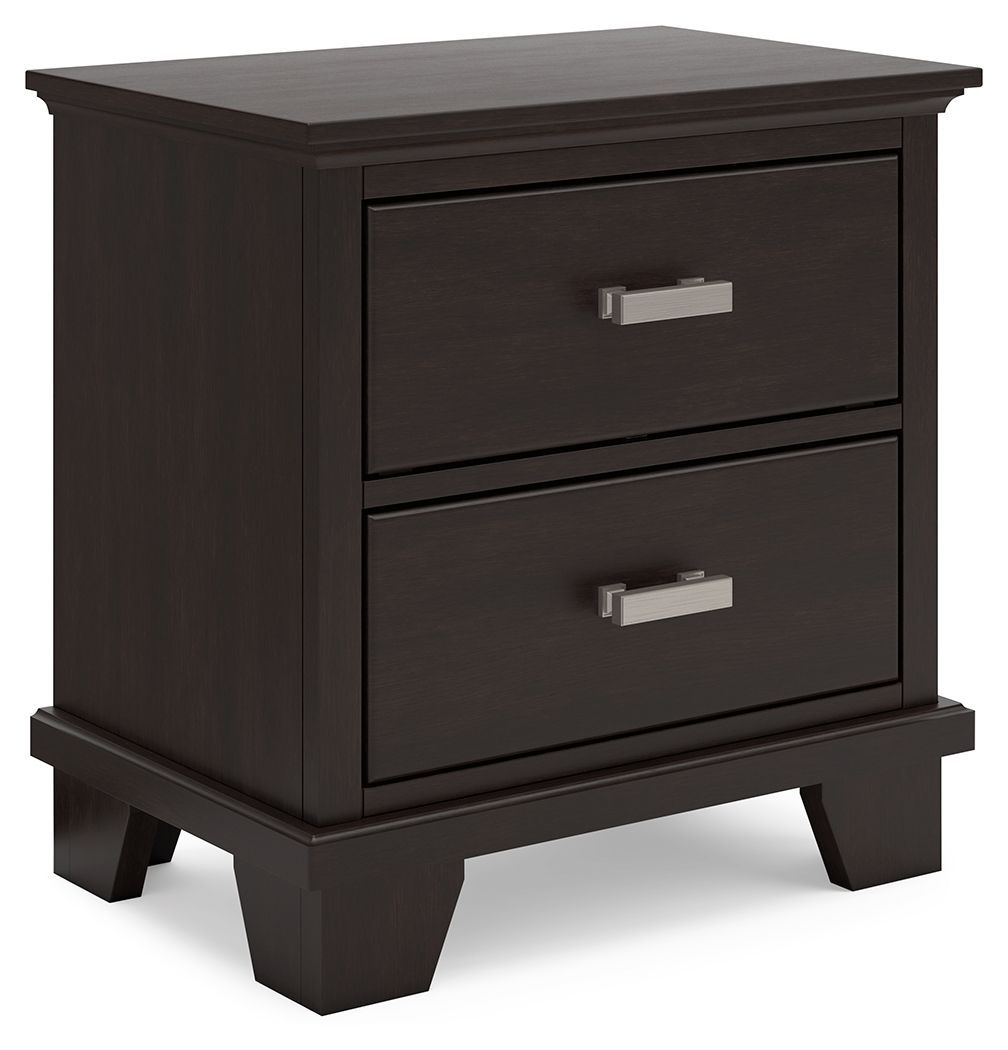 Dark brown two-drawer night stand with metal bar handles and slanted legs