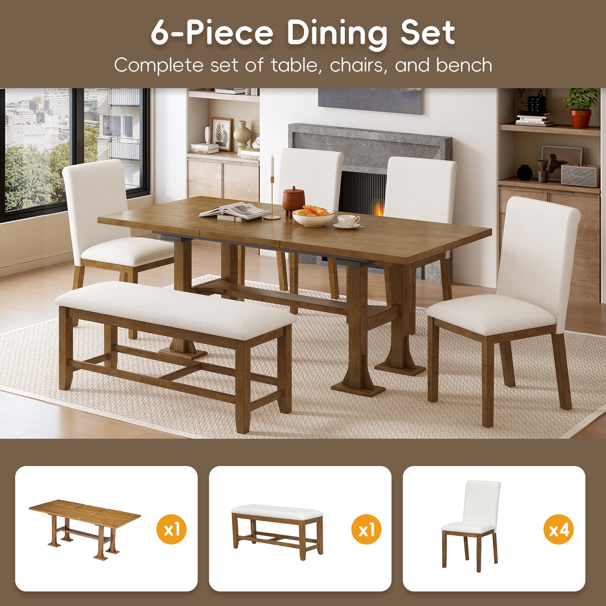 76" Farmhouse Dining Table Set - 6 Piece