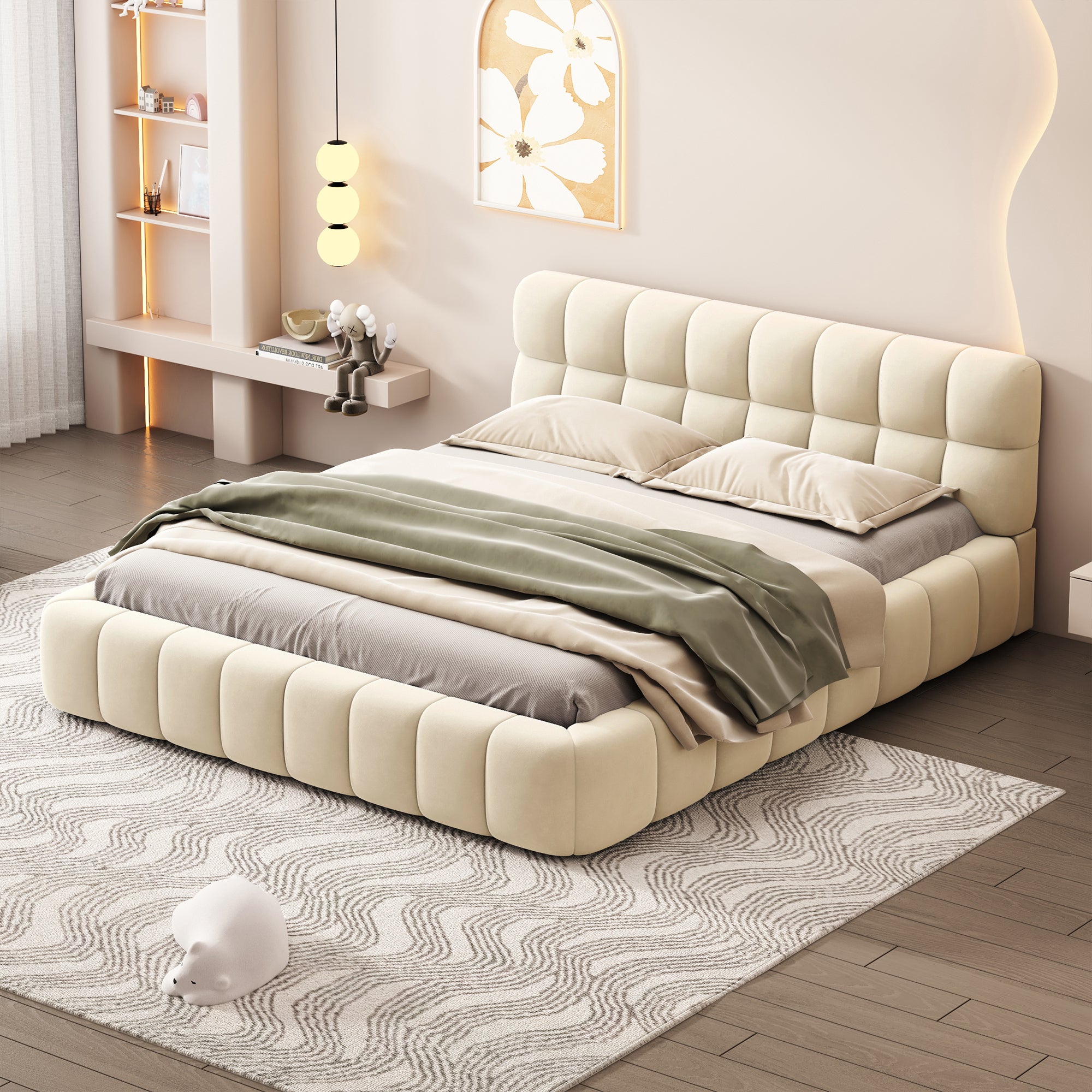 Queen Size Upholstered Platform Bed, Beige, Thick Fabric, Solid Frame