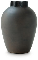 Antique black ceramic vase with fluted, ribbed top opening