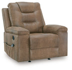 Earth-toned rocker recliner chair with padded headrest, wide arms, and side storage pockets
