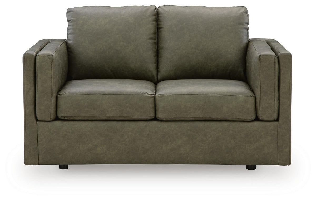 Olive green loveseat with symmetrical arms, two seat cushions, and padded backrest