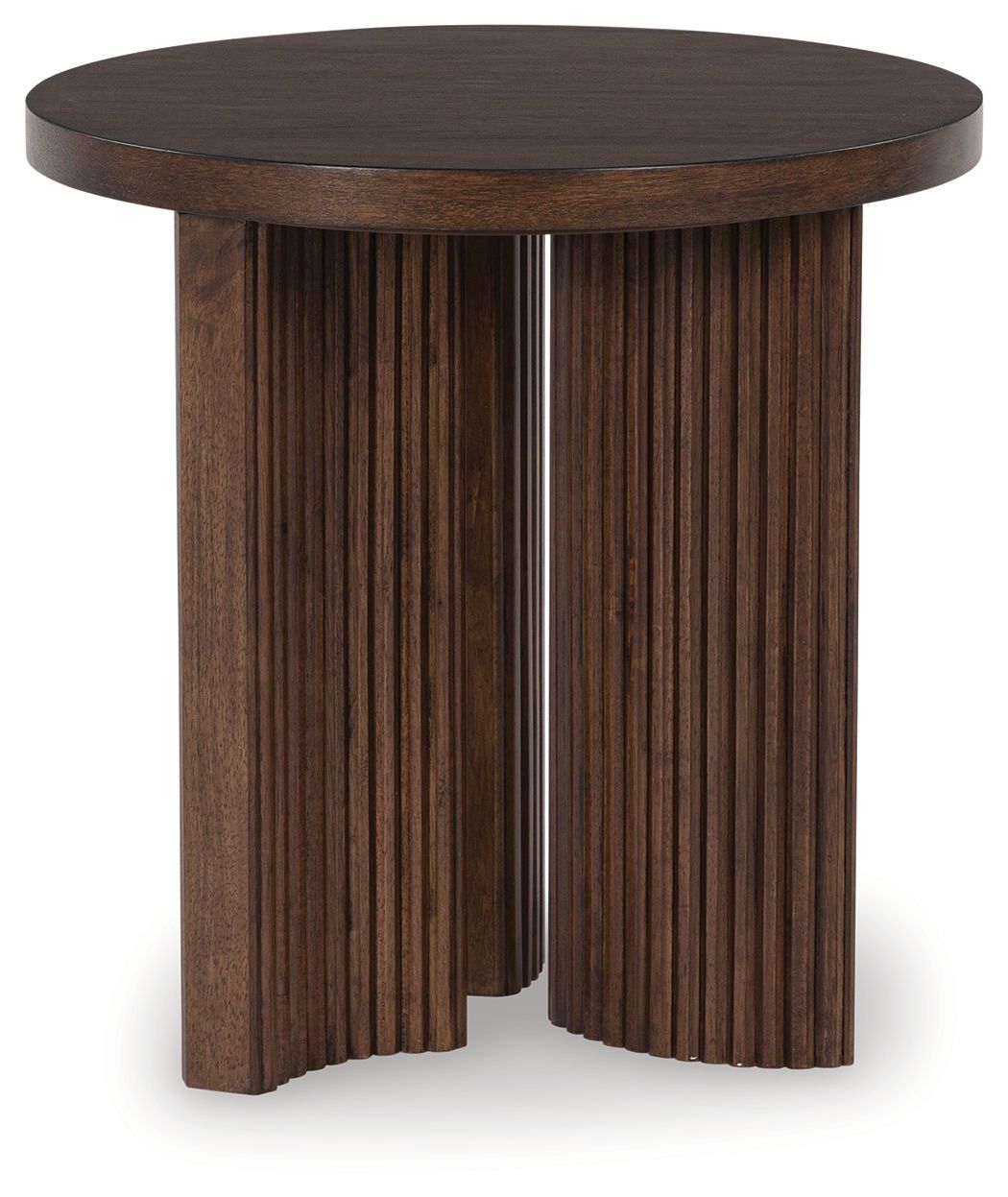 Round dark brown end table with fluted pedestal sides and round tabletop