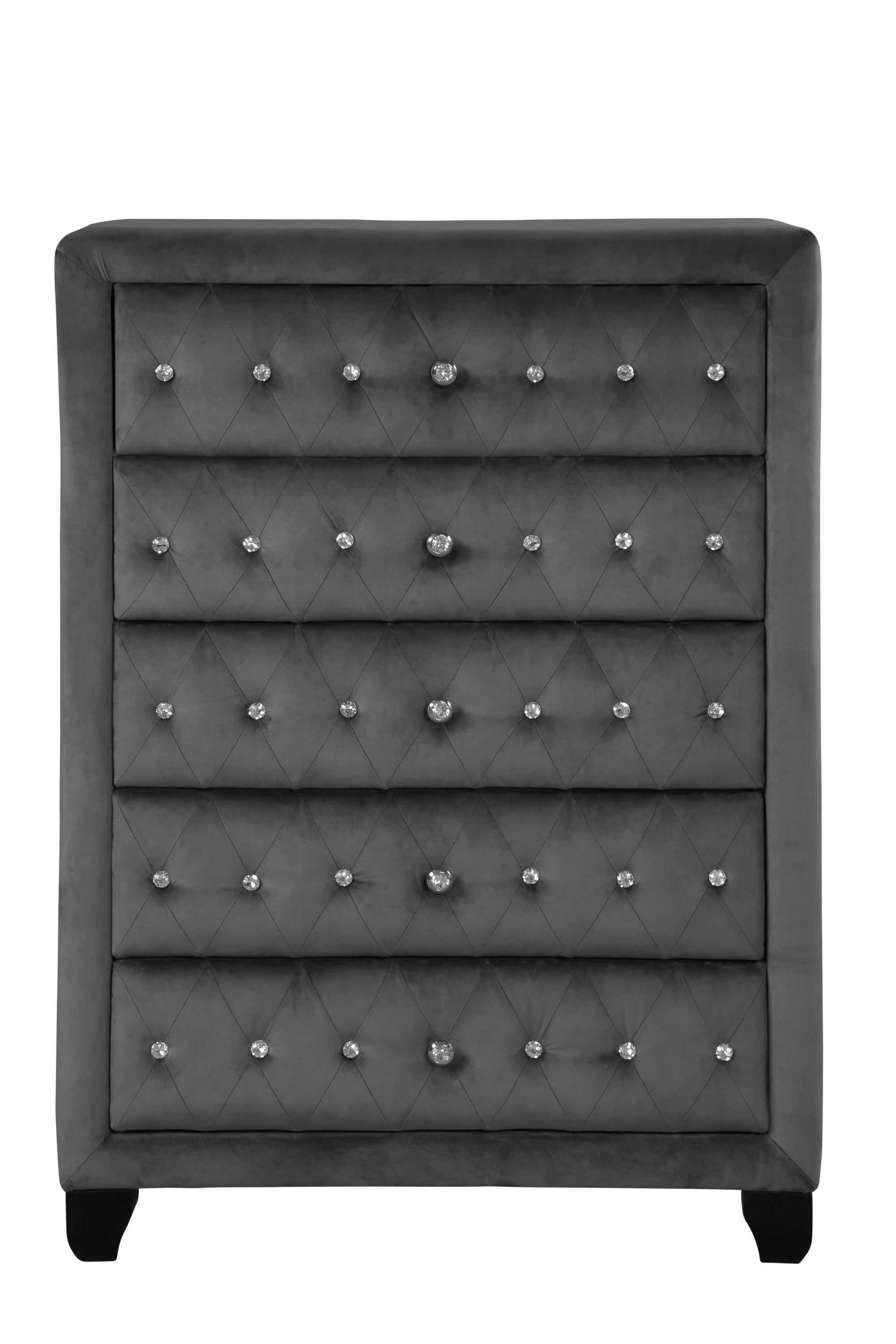 Sophia Modern Gray Velvet Crystal Tufted 5-Drawer Chest