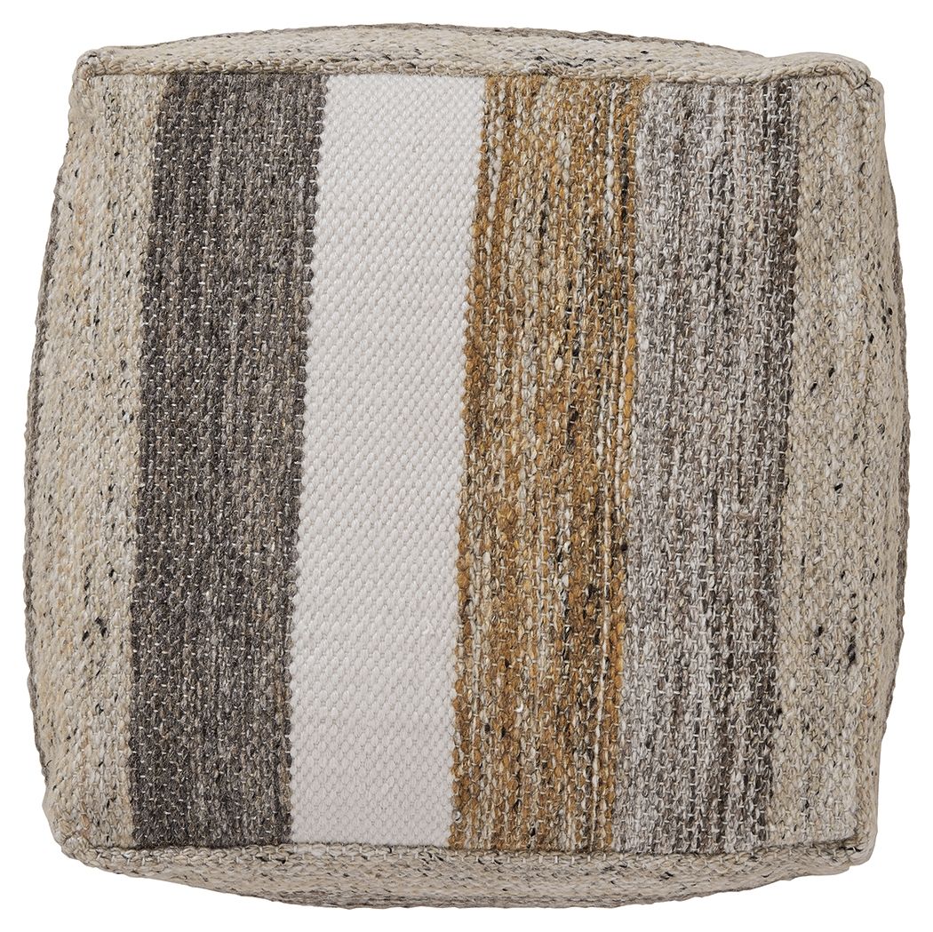 Round fabric pouf with vertical stripes in dark gray, white, and tan.
