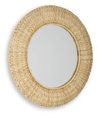 Woven natural round mirror frame with pale inner glass