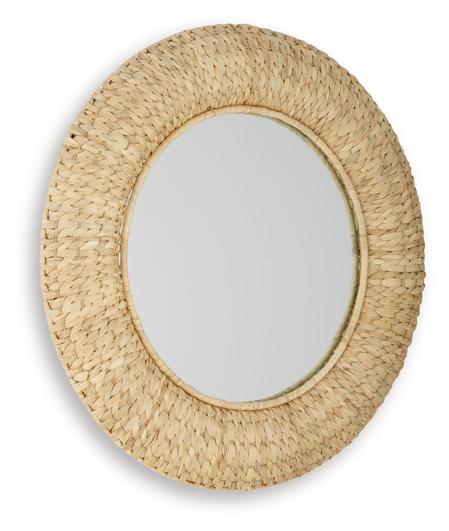 Woven natural round mirror frame with pale inner glass