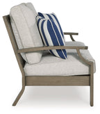 Loveseat with cushion, angled view with light gray seat and blue striped throw pillow