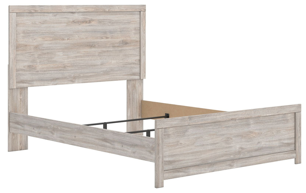Panel bed with light brown wood-look headboard and matching side rails, exposed support.