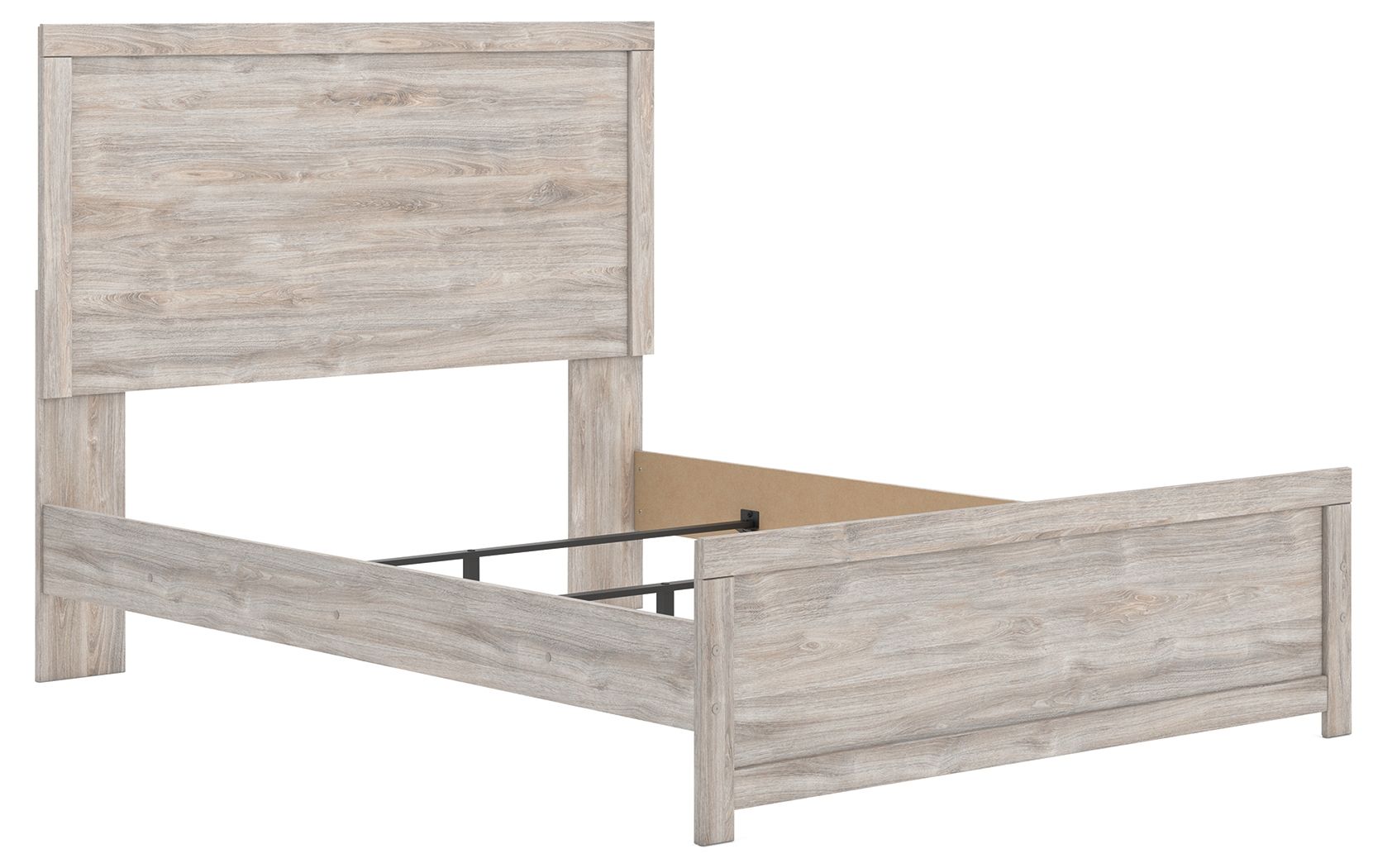 Panel bed with light brown wood-look headboard and matching side rails, exposed support.
