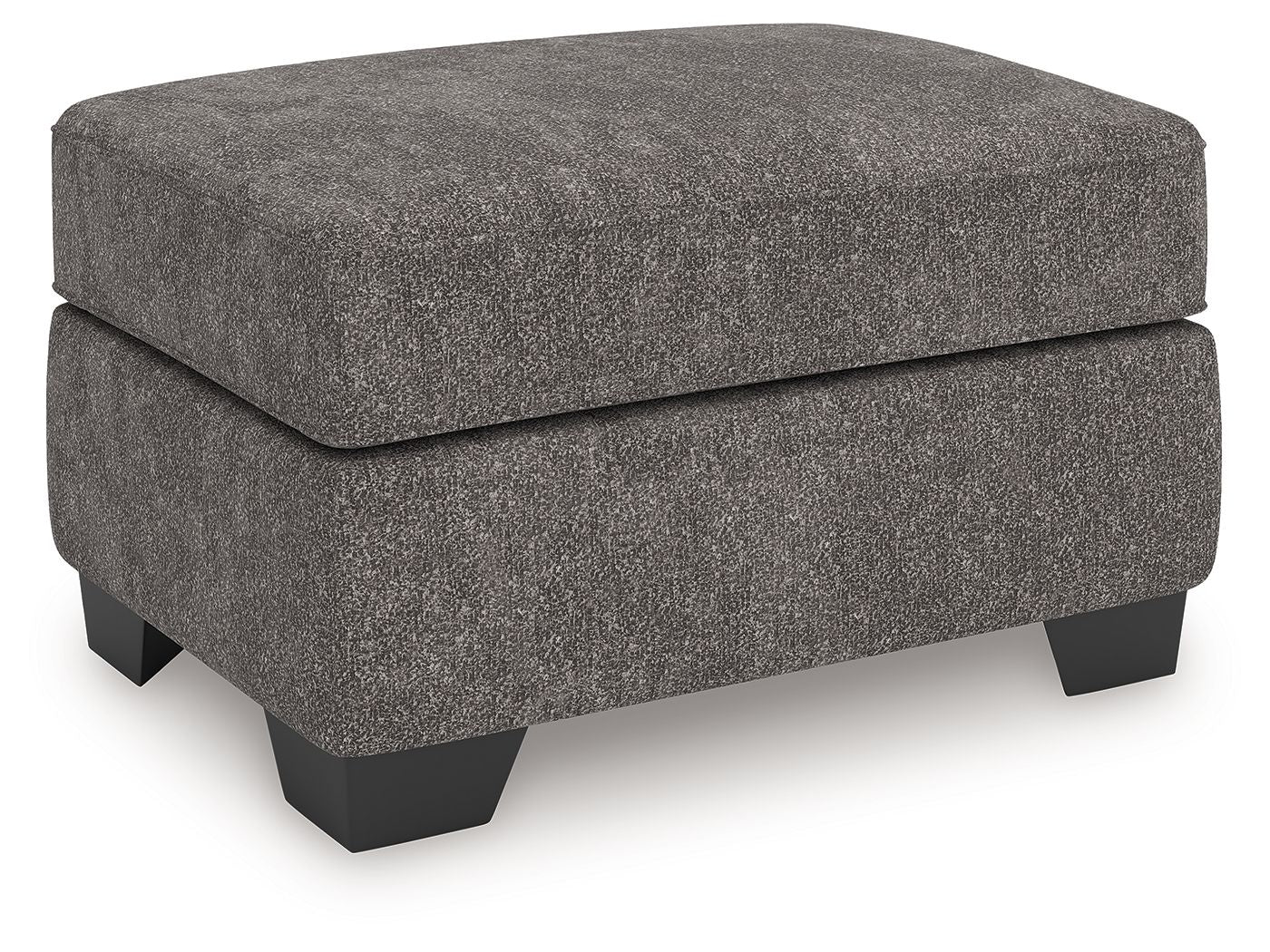 Dark gray upholstered ottoman with curved top and square legs