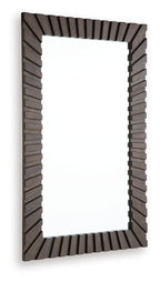 Dark brown slatted accent mirror with beveled frame and vertical rectangular glass