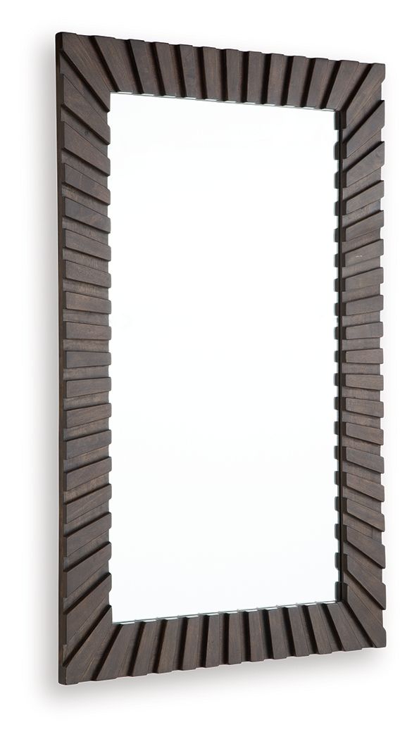 Dark brown slatted accent mirror with beveled frame and vertical rectangular glass