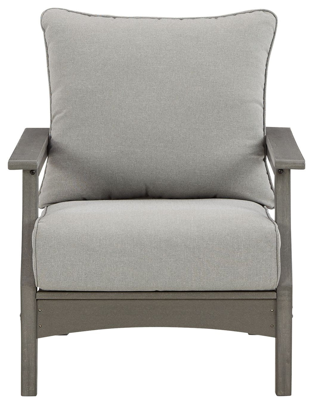 Gray lounge chair with tall back and seat cushions, squared wooden arms