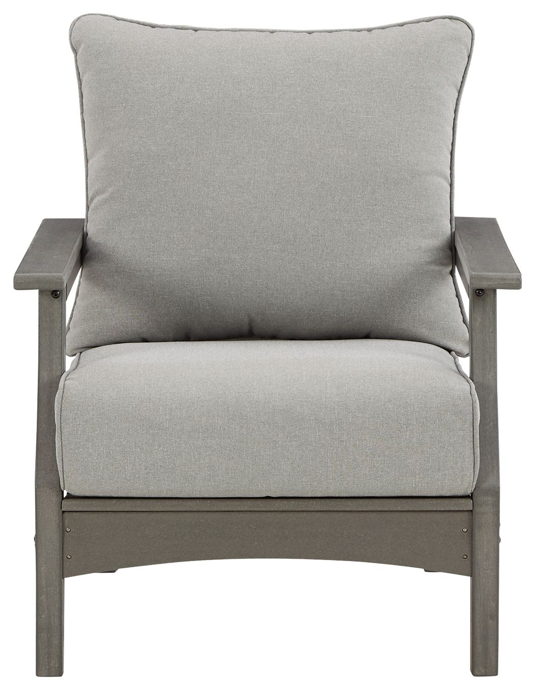 Gray lounge chair with tall back and seat cushions, squared wooden arms